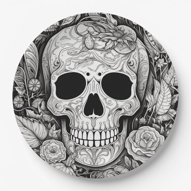 Spooky black and white skull Halloween Paper Plate (Front)