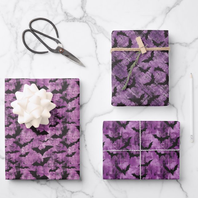 Spooky Black Bat Pattern on Grungy Purple Wrapping Paper Sheet (Front)