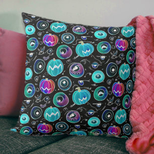 Spooky Black Blue Monster Eyeball Pumpkin Doodles Cushion