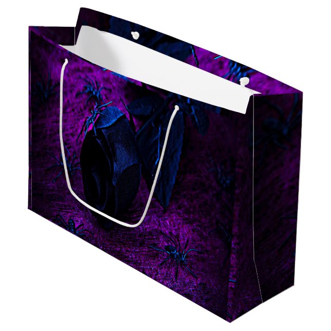 Spooky Black Blue Rose, Black Spiders, Purple, ZSG Large Gift Bag (Front Angled)
