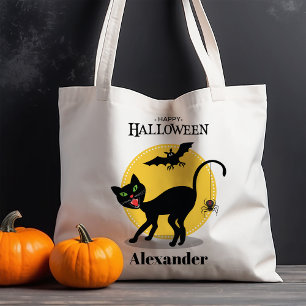 Spooky Black Cat and Spider Halloween Tote Bag