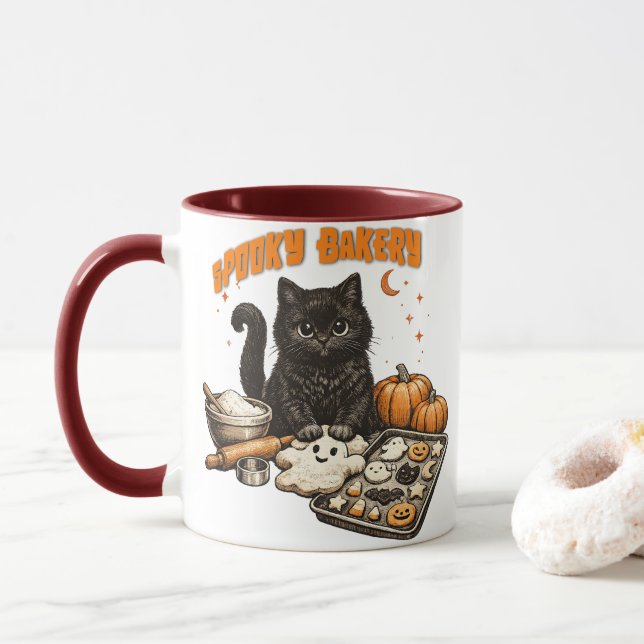 Spooky Black Cat Bakery Halloween BakingCookies Mug (With Donut)