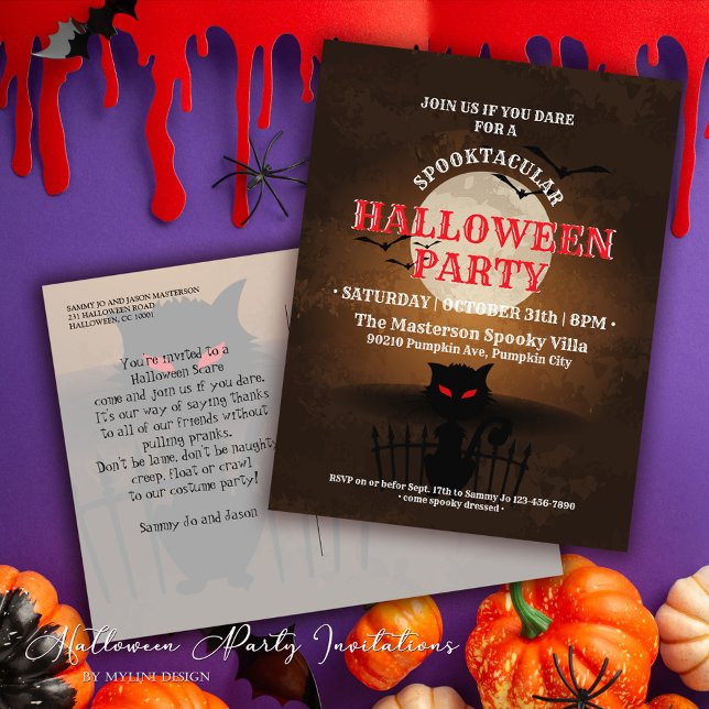 Spooky Black Cat & Bats Halloween Invitation Postcard (Creator Uploaded)