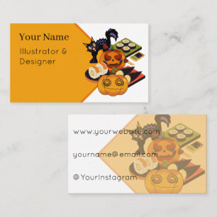 Spooky Black Cat & Dizzy Pumpkin Sushi Party Business Card