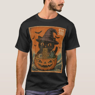 Spooky Black Cat Eating Ramen Japanese Halloween T-Shirt