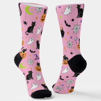 Spooky Black Cat & Ghost Halloween Pattern Socks