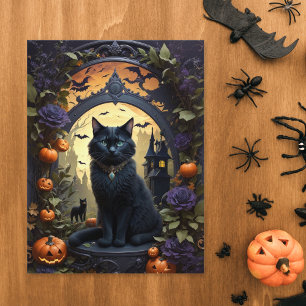 Spooky Black Cat Gothic Halloween Postcard