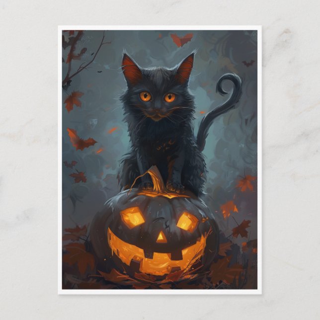 Spooky Black Cat Halloween Art Prints & Gifts Holiday Postcard (Front)