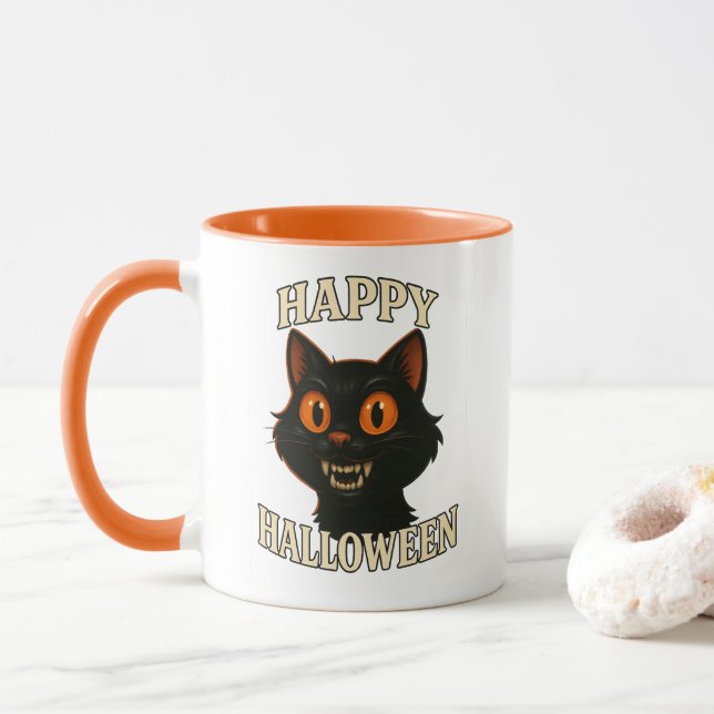 Spooky Black Cat Halloween Mug (With Donut)