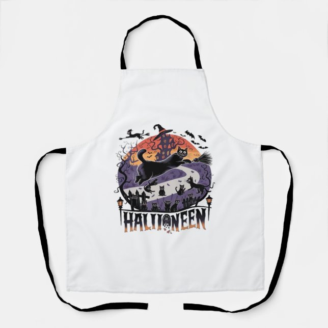 Spooky Black Cat Halloween Night – Vintage Haunted Apron (Front)