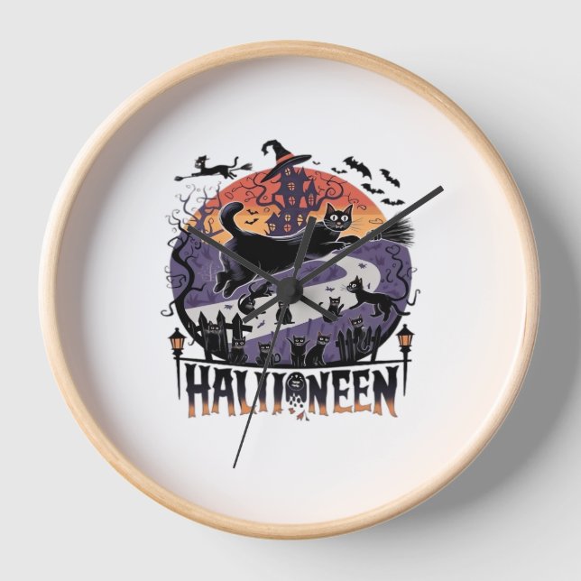Spooky Black Cat Halloween Night – Vintage Haunted Clock (Front)