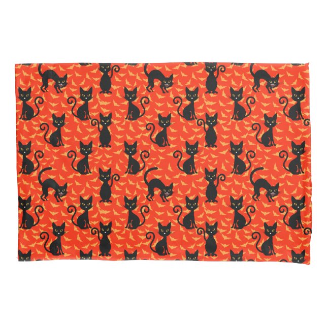 Spooky Black Cat Halloween Orange Bats Pillowcase (Front)