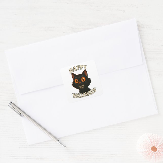 Spooky Black Cat Halloween Party Square Sticker (Envelope)