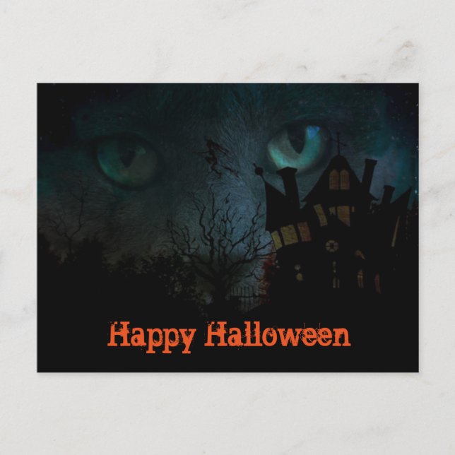 Spooky Black Cat Halloween Postcard (Front)