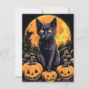 Spooky Black Cat Halloween Pumpkin Postcard