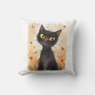 Spooky Black Cat Halloween Throw Pillow. Cushion