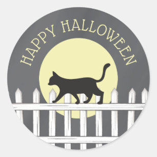 Spooky Black Cat on Picket Fence Classic Round Sticker