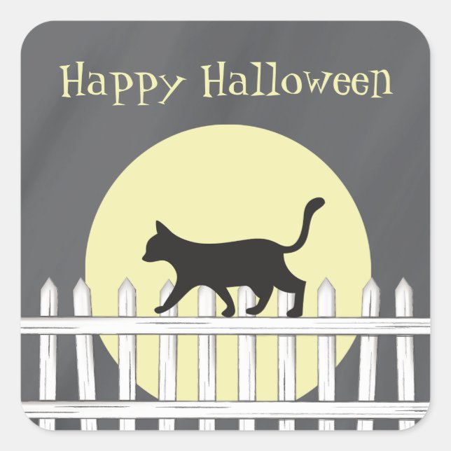 Spooky Black Cat on Picket Fence Square Sticker (Front)