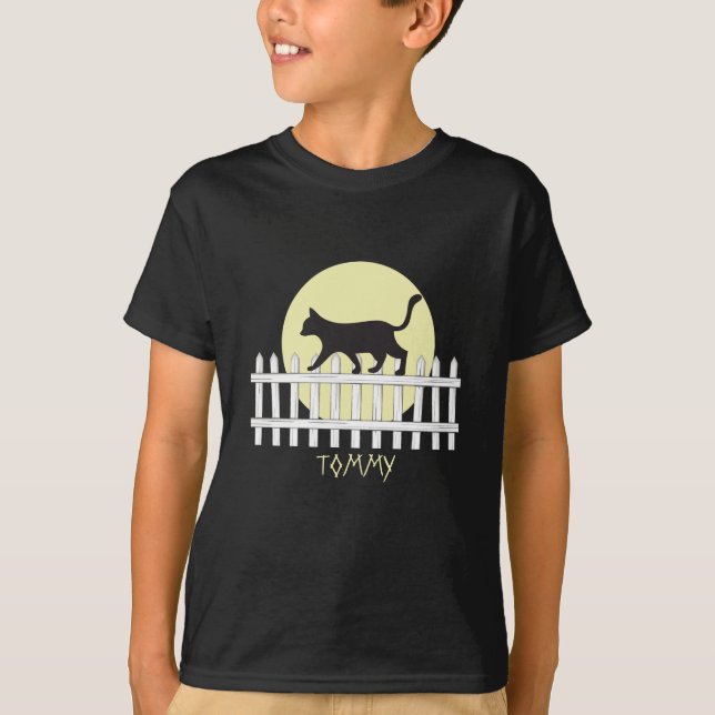 Spooky Black Cat on Picket Fence T-Shirt (Front)