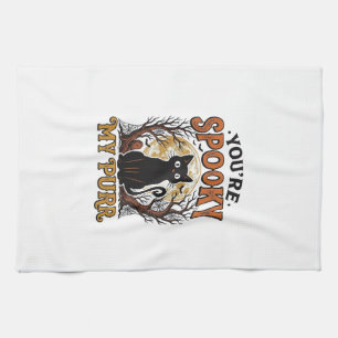 Spooky Black Cat Pun Halloween Vintage Engraving S Tea Towel