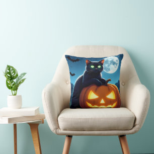 Spooky Black Cat Throw Pillow