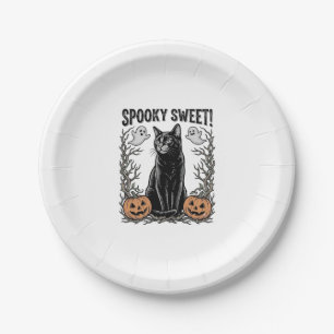 Spooky Black Cat Vintage Halloween Engraving Shirt Paper Plate