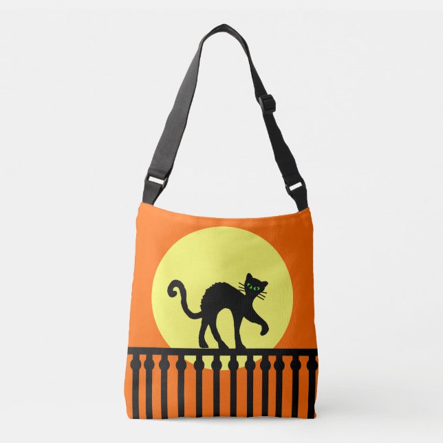 Spooky Black Cat Walking on Fence Moon Orange Crossbody Bag (Front)