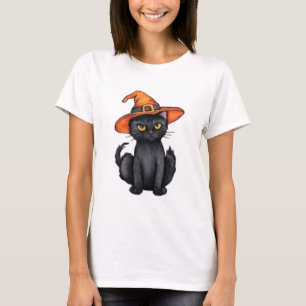 Spooky black cat wearing witch's hat Halloween T-Shirt