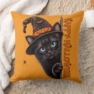 Spooky Black Cat Witch Hat Halloween Orange Cushion