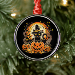 Spooky Black Cat Witch Pumpkin Fall Autumn Metal Tree Decoration