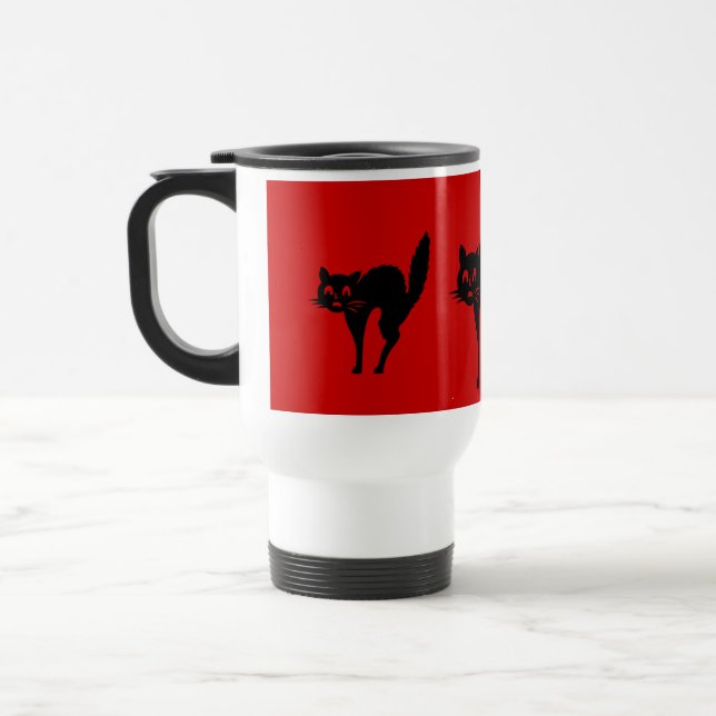 spooky black cat with arched back halloween travel mug (Left)