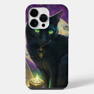 SPOOKY BLACK CAT WITH GREEN EYES AND CANDLE iPhone 14 PRO MAX CASE