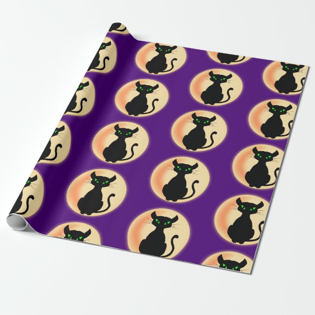 Spooky Black cat with green eyes pattern Wrapping Paper (Unrolled)