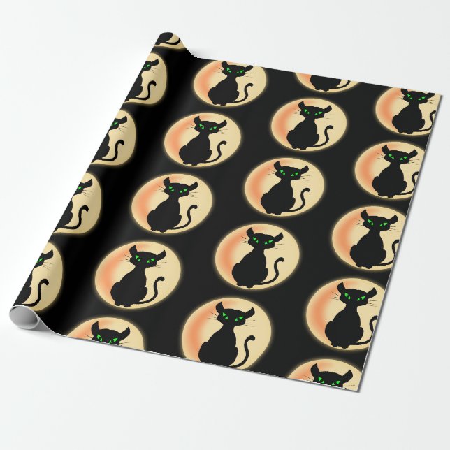 Spooky Black cat with green eyes pattern Wrapping Paper (Unrolled)