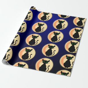 Spooky Black cat with green eyes pattern Wrapping Paper