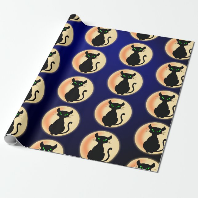 Spooky Black cat with green eyes pattern Wrapping Paper (Unrolled)
