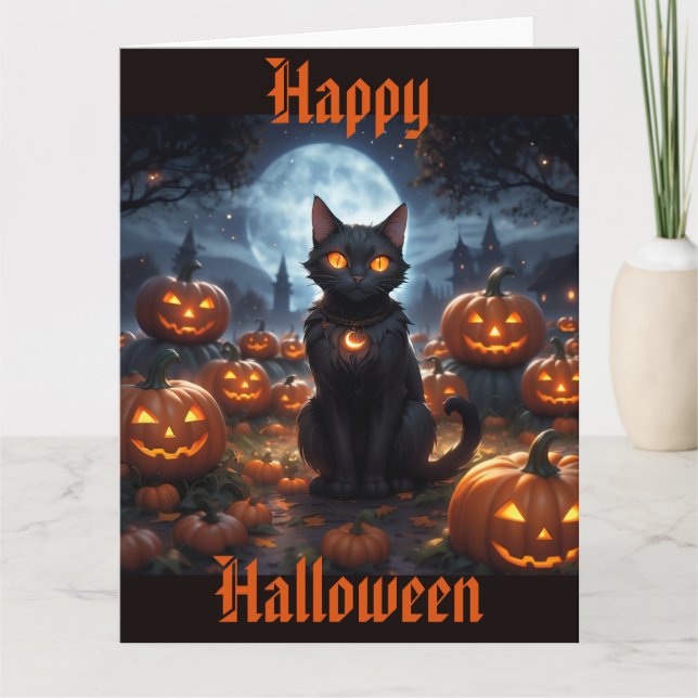 Spooky Black Cat with Jack O'Lanterns Card (Front)