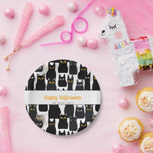 Spooky Black Cats Custom Name Happy Halloween Paper Plate