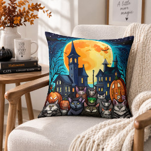 Spooky Black Cats Haunted Village Halloween Night Cushion