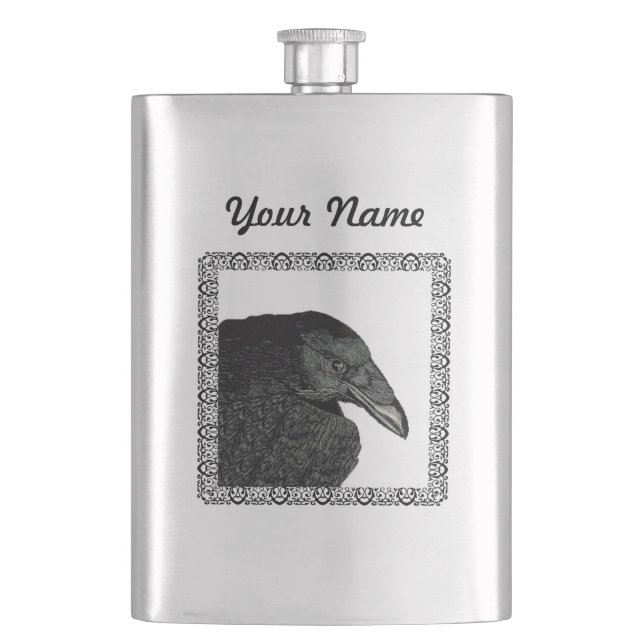 Spooky Black Crow Raven Face Hip Flask (Front)
