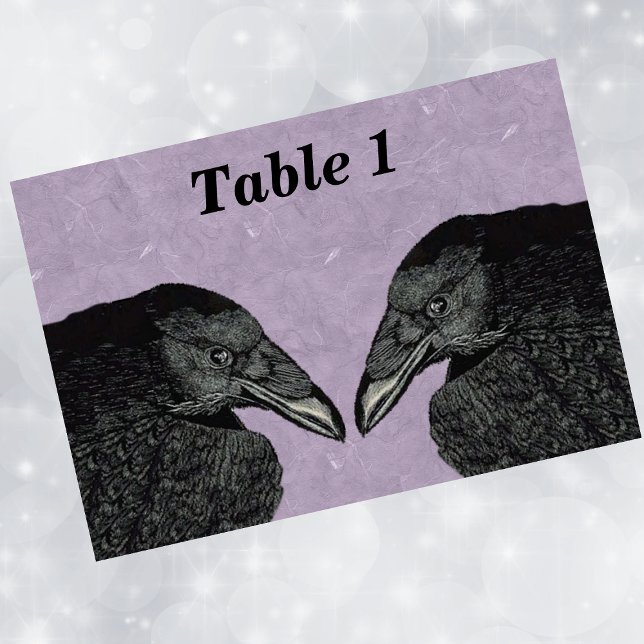 Spooky Black Crow Raven Face Table Number (Heads of two black mysterious crows on marbled purple event table cards.)