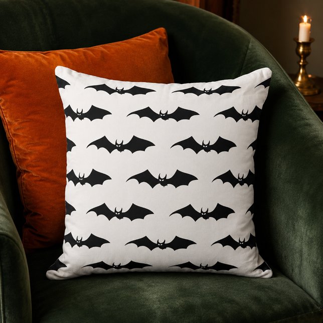 Spooky Black Flying Bats Pattern White Cushion (Creator Uploaded)