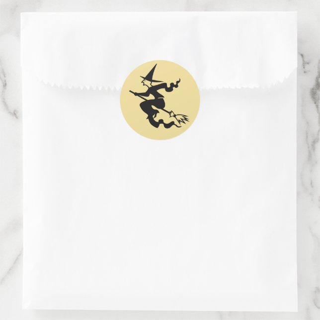 Spooky Black Flying Witch Faux Gold Halloween Kids Classic Round Sticker (Bag)