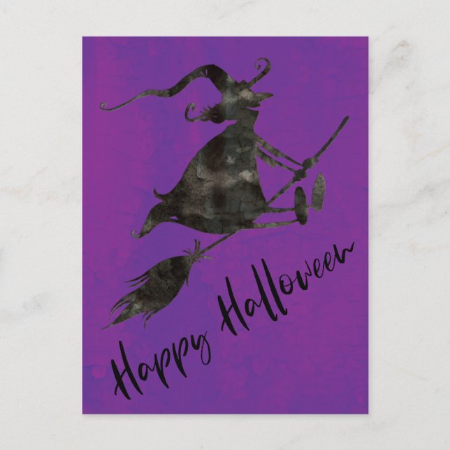 Spooky Black Flying Witch Happy Halloween Postcard (Front)