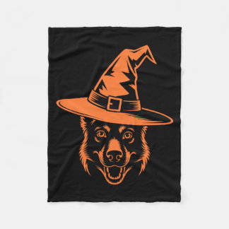 Spooky Black German Shepherd Dog Witch Hat Fleece Blanket