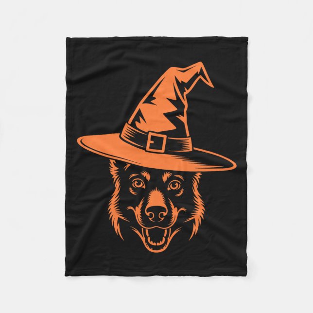 Spooky Black German Shepherd Dog Witch Hat Fleece Blanket (Front)
