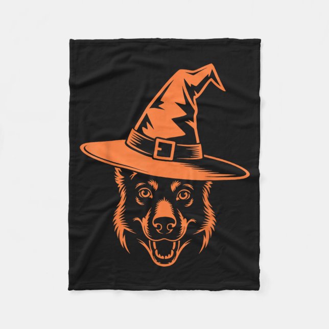 Spooky Black German Shepherd Dog Witch Hat Fleece Blanket (Front)