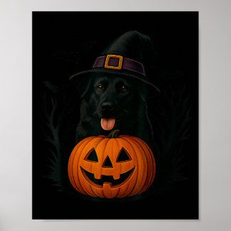 Spooky Black German Shepherd Witch Hat Pumpkin Poster