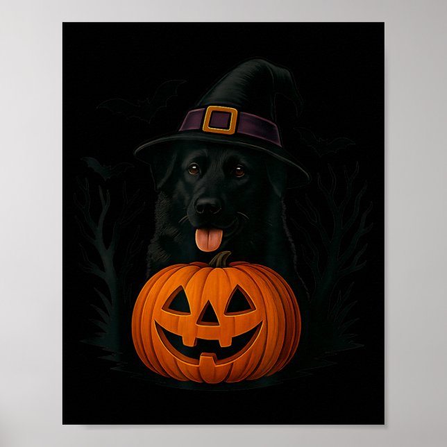 Spooky Black German Shepherd Witch Hat Pumpkin Poster (Front)