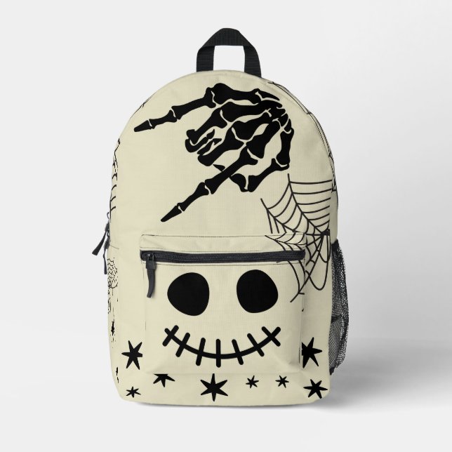 Spooky black ghost Spider web Beige Printed Backpack (Front)